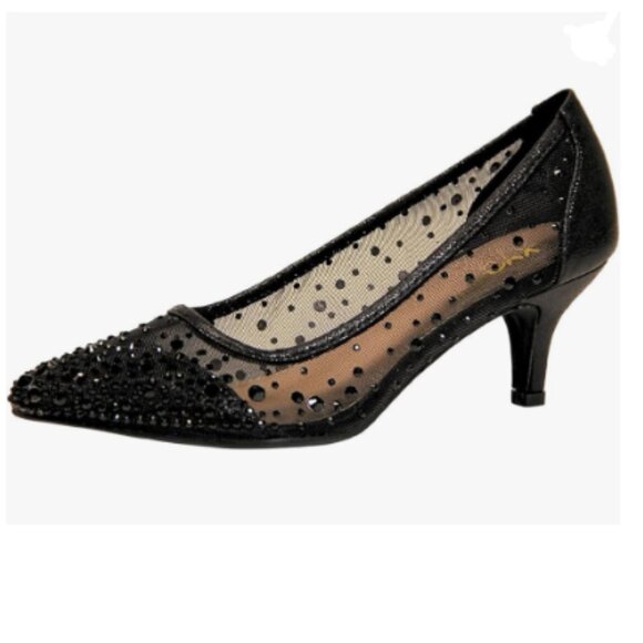 XYD Black Pointed Toe Slip On Mesh Pumps Rhinestone Studs Comfy Kitten Heel Shoe - Picture 1 of 8